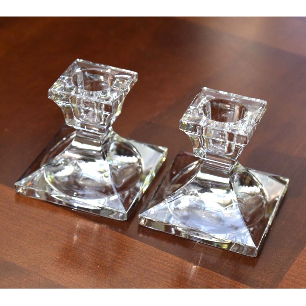 Villeroy & Boch Signed Lead Crystal Art Glass Square Candle Holders - 2.75″ Tall